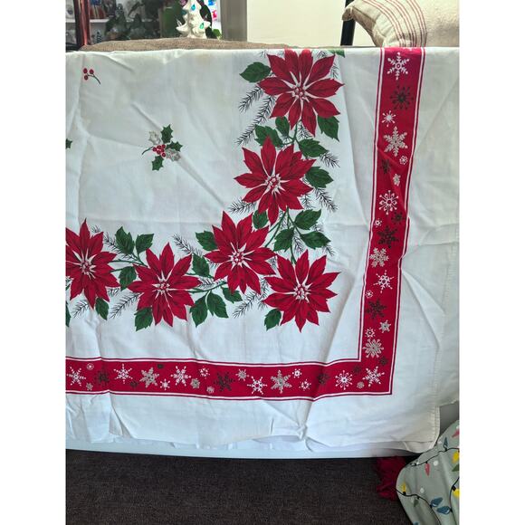 Vintage Linen Christmas Poinsettia Tablecloth 50” X 64” FLAWED - Picture 4 of 9